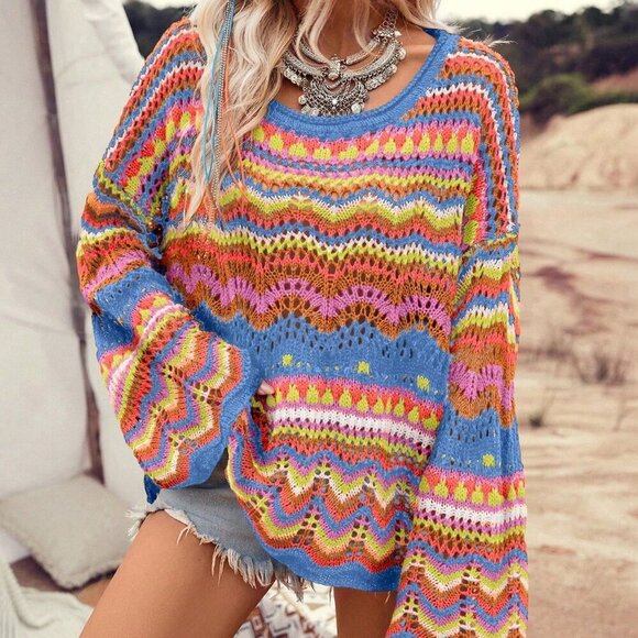 Multicolor Casual Women's Color Block Hollow Out Knit Loose Pullover - Picture 6 of 7